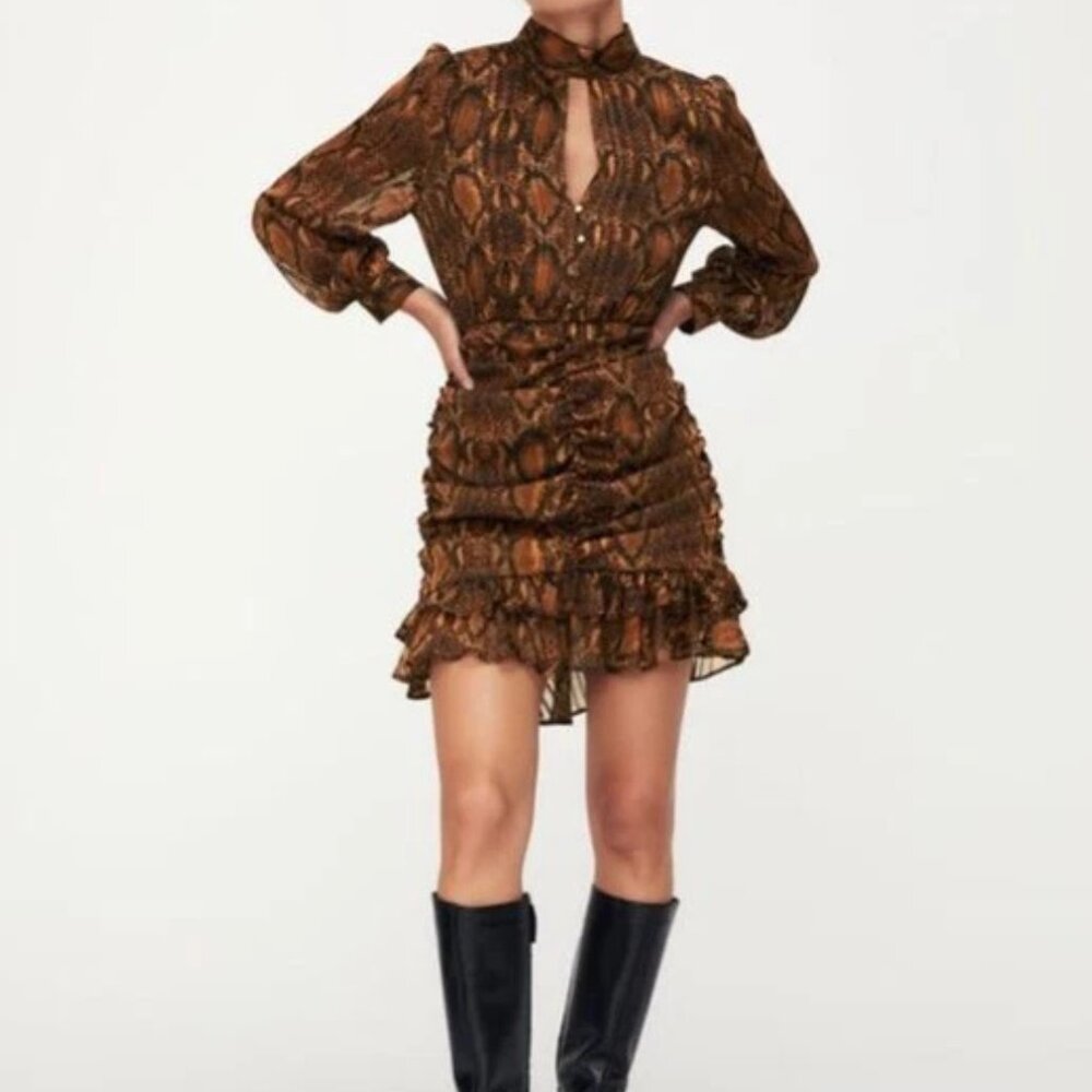 Zara Golden Brown Snake Print Ruched Ruffle Dress Size M